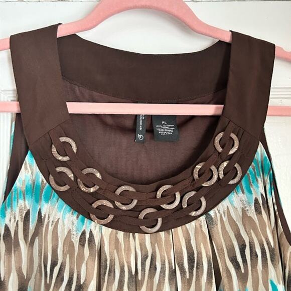 SUMMER SALE | New Directions Sleeveless Top PL – Brown & Aqua Print Size L - Picture 1 of 12